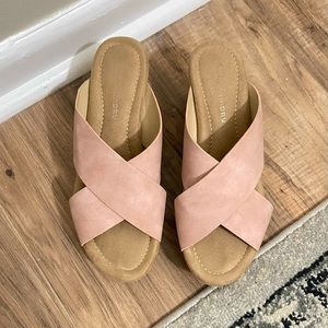 Blush Cork Wedge Sandals, Size 7.5